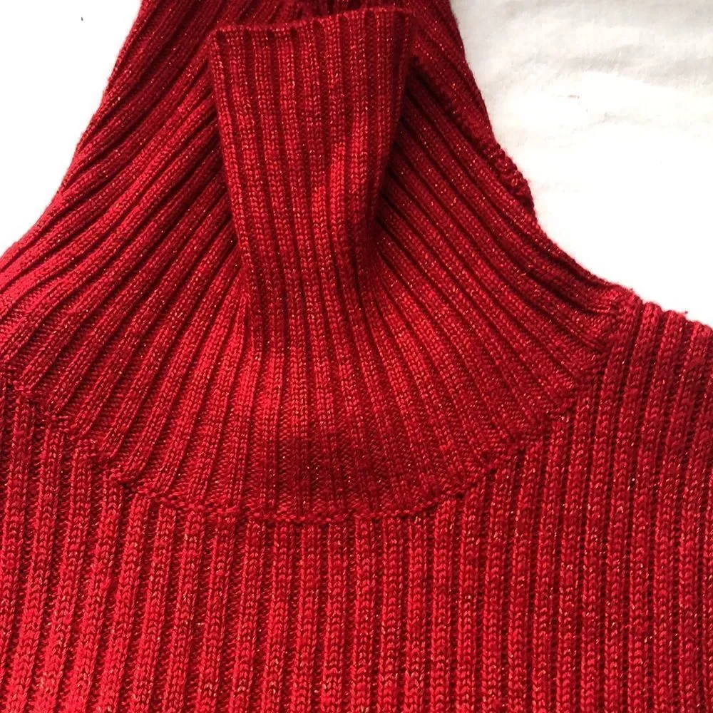 g  collection wool blend ribed red metallic sleeveless turtle neck top - Picture 3 of 4